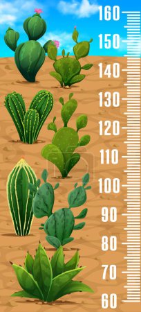 Ilustración de Regla de carta de altura para niños. Suculentas de cactus espinoso mexicano en escala de medidor de crecimiento de vectores del desierto. Plantas de dibujos animados de agave, opuntia y cactus de aloe, estadiómetro de suculentas del desierto o pegatina de carta de altura - Imagen libre de derechos