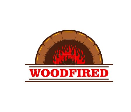 Illustration for Firewood icon, fireplace with wood on fire for restaurant, pizza or oven bakery, vector hearth symbol. Pizzeria and woodfired food badge of fireplace in brick stone hearth with burning fire - Royalty Free Image