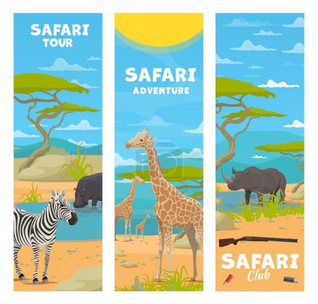Ilustración de Caza de safari. Dibujos animados animales africanos en el fondo vectorial de África sabana paisaje, árboles y montañas. Jirafas, rinoceronte, hipopótamo y cebra, rifle cazador y munición. Banderas de viaje de aventura Safari - Imagen libre de derechos