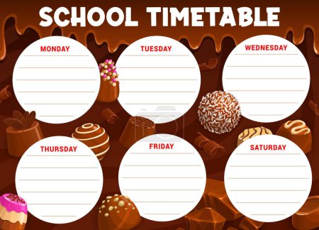 Illustration for Education timetable schedule. Chocolate praline and fudge candy. Souffle, truffle and jelly, hazelnut bonbons on education schedule, school study week vector timetable or children lesson daily planner - Royalty Free Image