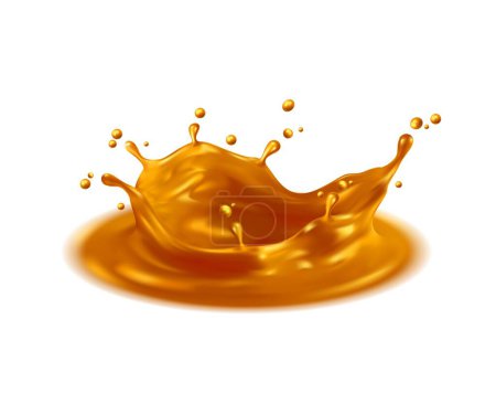 Illustration for Corona crown golden splash, gold oil with liquid drops, realistic vector background. Golden splash with corona crown, isolated yellow caramel syrup or toffee flow wave, 3D glossy gold paint splatter - Royalty Free Image