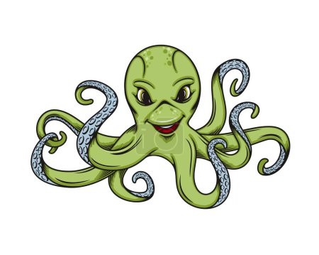Illustration for Cartoon octopus, cute sea water animal character. Vector green octopus with happy smiling face, tentacles and blue suckers. Funny personage of marine monster, zoo aquarium, ocean wildlife themes - Royalty Free Image