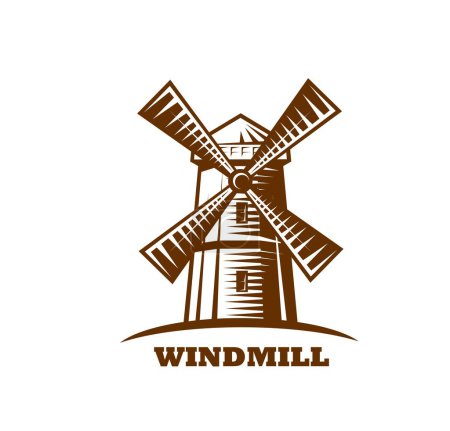 Illustration for Windmill emblem, hand drawn icon. Wheat and barley farm, organic food grocery store or market symbol of village old mill, agriculture company engraved vector symbol with countryside windmill building - Royalty Free Image