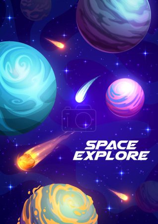 Illustration for Cartoon space galaxy planets, comets and stars of futuristic universe, vector astronomy science, outer cosmos travel and adventure. Fantasy space of starry sky with planets, fire and ice asteroids - Royalty Free Image
