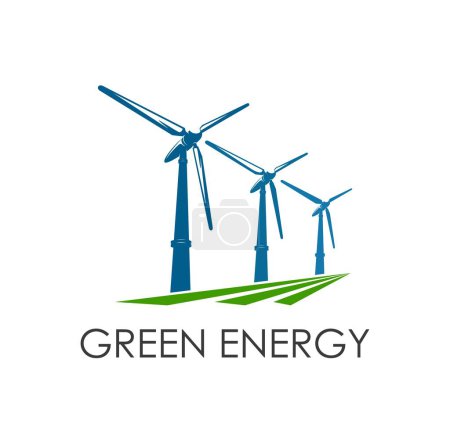 Illustration for Wind turbine green clean energy icon. Vector emblem for renewable eco power technology. Innovative nature friendly alternative electricity sources. Isolated windmill sustainable energy symbol - Royalty Free Image