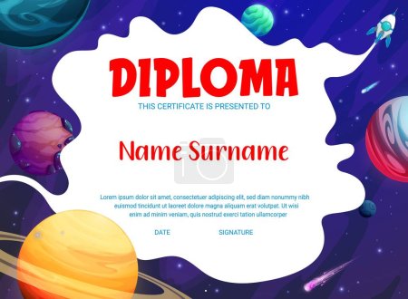 Illustration for Kids diploma, starry galaxy, spaceship and space planets, vector education certificate. School diploma or kindergarten appreciation award with space rockets and asteroids in fantasy galaxy background - Royalty Free Image
