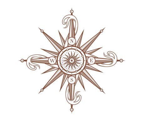 Illustration for Vintage wind rose compass with medieval antique ribbons isolated icon. Vector tool for determining direction of traffic by sides of world, orientation in sea and ocean. Star-shaped maritime sign - Royalty Free Image