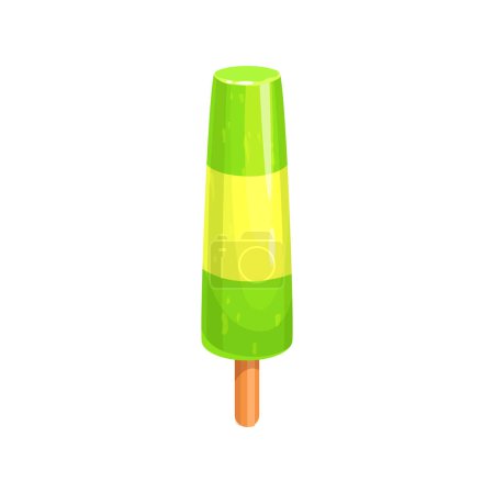 Illustration for Cartoon popsicle ice cream on stick. Vector fruit ice pop or lolly, cold summer dessert food with kiwi and mango flavors. Green yellow frozen juice or sorbet on wooden stick, ice cream shop or parlor - Royalty Free Image