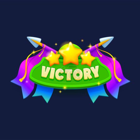 Illustration for Game victory sign, banner or popup window. Cartoon vector achievement menu screen with golden stars, arrows and ribbons. User interface success achievement award trophy, ui mobile rpg app winner badge - Royalty Free Image