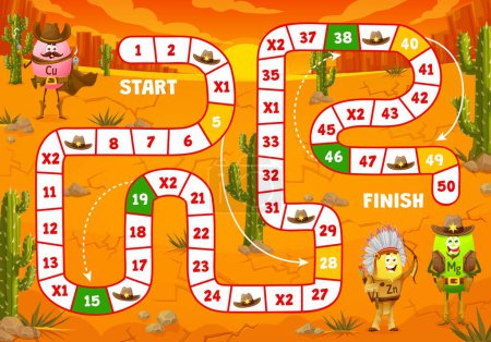 Kids board game. Wild west cartoon cowboy, sheriff and indian vitamin characters. Child roll and move playing activity, kids racing vector game with Cu, Zn, Mg pill micronutrient cute personages