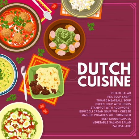 Illustration for Dutch cuisine menu cover page template. Potato and salmon Zalmsalade salads, broccoli cream soup, Stamppot with Rookworst and tomato meatball soup, potatoes with beef Sudderlapjes, pea and green soup - Royalty Free Image