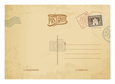 Postkarte mit Vintage-Briefmarken, Retro-Postkarte oder Post, Vektor-Antikpapier. Vintage Postcard Back Template Hintergrund des alten Luftpostbriefes mit Briefmarken auf leerem Grunge Altpapier
