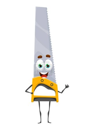 Illustration for Cartoon saw tool character, carpentry works equipment and DIY construction vector item. Funny cartoon saw character, woodworking and carpentry work tool as cheerful personage - Royalty Free Image