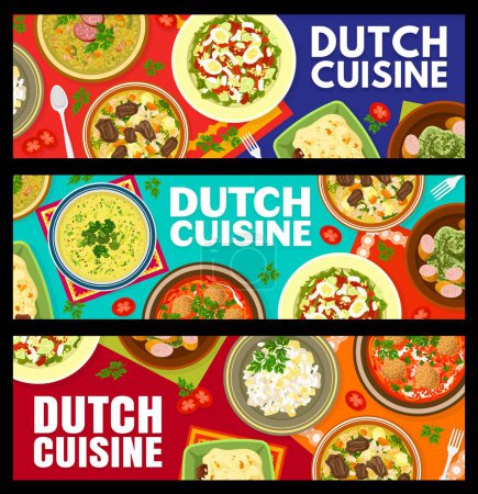 Illustration for Dutch cuisine restaurant dishes banners. Potato salad, broccoli cream soup and potatoes with beef Sudderlapjes, green herbs, pea and tomato meatball soups, Stamppot with Rookworst, Zalmsalade salad - Royalty Free Image