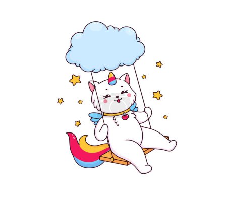 Illustration for Cartoon cute caticorn riding on a swing. Unicorn cat character, vector kitty animal with rainbow tail, horn and heart collar. Kawaii caticorn personage swinging on cloud with falling stars - Royalty Free Image
