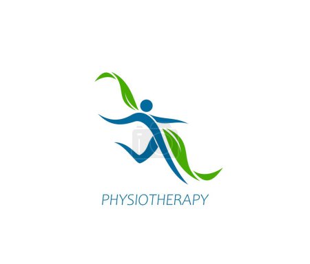 Illustration for Physiotherapy, spine and body health icon. Spine health medical center, physiotherapy clinic or chiropractic massage therapist vector emblem. Back pain treatment symbol with healthy human figure - Royalty Free Image
