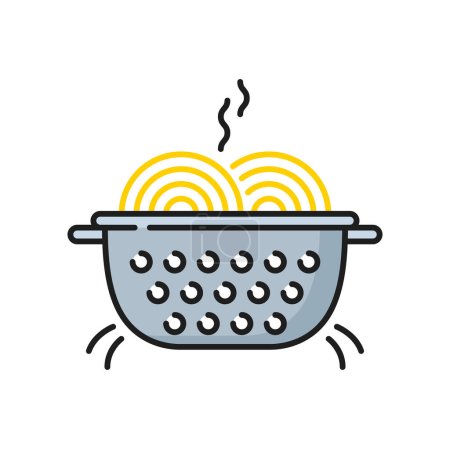 Téléchargez les illustrations : Nouilles bouillies dans une casserole icône de ligne isolée. Spaghettis vectoriels bouillants dans une casserole, cuisine asiatique collation fast-food. Eau bouillante aux nouilles - en licence libre de droit