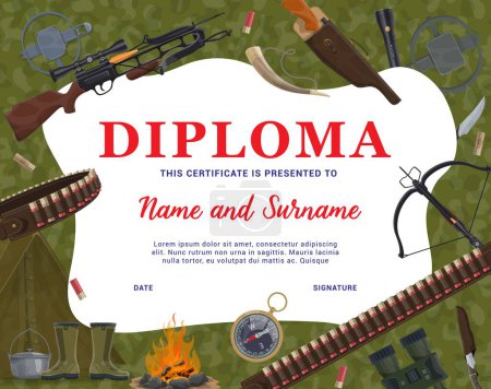 Illustration for Diploma with hunting equipment and weapons vector background frame. Hunting sport certificate, hunter diploma or appreciation award with cartoon rifle, knives, traps and horn, compass, crossbow, gun - Royalty Free Image