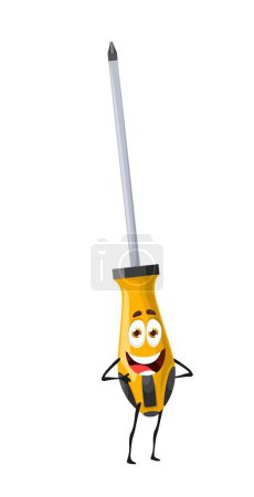 Illustration for Cartoon screwdriver, DIY tool character, vector funny personage of construction or carpentry instrument. Repair and building work tool equipment, DIY handyman screwdriver character with smile - Royalty Free Image