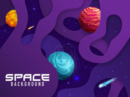 Illustration for Space paper cut landscape with stars, planets and comets. Cartoon galaxy vector background with 3d papercut origami layers of abstract geometric shapes. Fantasy space planets on starry sky backdrop - Royalty Free Image