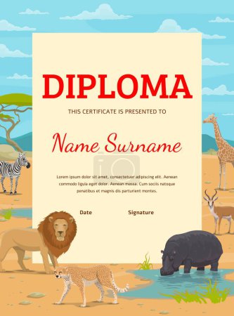 Illustration for Hunter or conservationist diploma. Cartoon african safari animals in savannah. Hunting sport vector diploma or award, hunt trophy certificate with lion, cheetah, hippo and gazelle, giraffe, zebra - Royalty Free Image