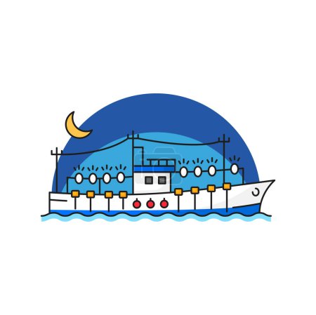 Illustration for Fishing industry trawler boat or vessel line icon. Fishery craft, seafood catch or offshore fishing industry thin line vector symbol. Aquaculture technology outline sign or pictogram with ship in sea - Royalty Free Image