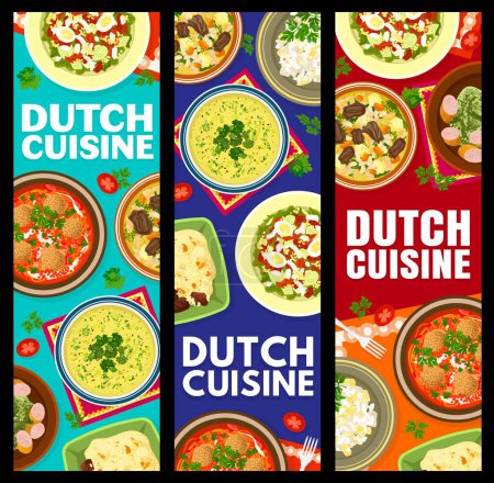 Illustration for Dutch cuisine restaurant dishes banners. Green soup with herbs, potato salad and broccoli cream soup with cheese, Sudderlapjes, tomato meatball and Snert soups, Zalmsalade, Stamppot with Rookworst - Royalty Free Image