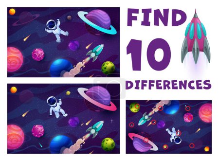 Illustration for Find ten differences, cartoon astronaut in outer space, galaxy planets and stars kids game vector worksheet. Matching puzzle quiz of fantasy space with futuristic rocket and spaceman in starry sky - Royalty Free Image