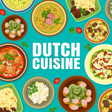 Illustration for Dutch cuisine cover page template. Pea soup Snert, potato salad and Stamppot with Rookworst, broccoli cream soup, tomato meatball soup and Sudderlapjes, salmon salad Zalmsalade, green soup with herbs - Royalty Free Image
