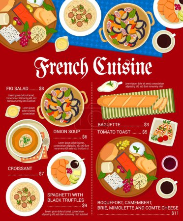 Illustration for French cuisine restaurant vector menu with cheese and bread food, baguette and croissant. Onion soup, spaghetti pasta with black truffles, tomato toast and fig salad, traditional breakfast dishes - Royalty Free Image