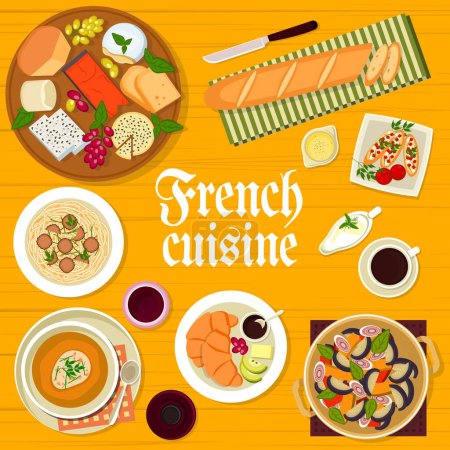 Illustration for French cuisine menu cover vector design with breakfast dishes, cheese and bread. Croissant, baguette and spaghetti pasta with truffles, onion soup, fig salad and tomato toast on wood background - Royalty Free Image