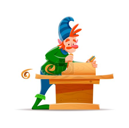 Illustration for Cartoon gnome dwarf carpenter or jointer character, vector funny elf worker. Fairy tale village dwarf carpenter or fantasy town gnome woodworker character with plane and wood, kids cartoon toy - Royalty Free Image