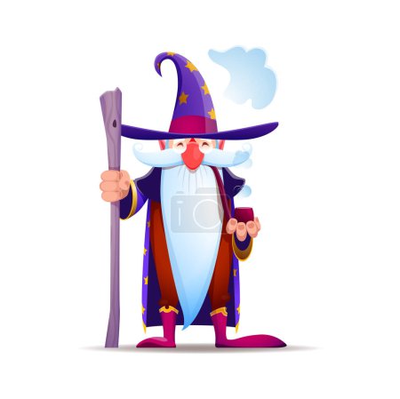Illustration for Cartoon gnome dwarf wizard character, fairy tale magician with magic stick, vector funny elf. Fantasy fairytale gnome wizard or dwarf sorcerer in witch hat and cape with stars, kids toy figure - Royalty Free Image