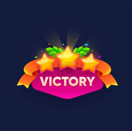 Game victory sign banner with winner golden stars, vector icon for mobile interface GUI. Cartoon victory sign of game award for level up with gold stars and wreath ribbon for mission complete