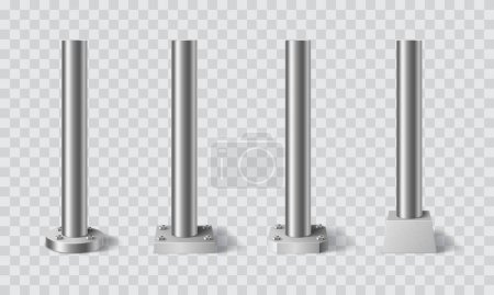 Illustration for Steel metal pillars, poles and pipe columns or post stands, vector realistic 3D. Steel iron pillars or pole sign cylinders screwed by bolts to base, aluminium pipe columns and chrome signpost pillars - Royalty Free Image