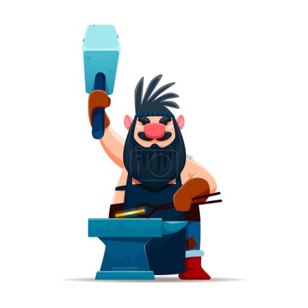 Illustration for Cartoon gnome dwarf blacksmith character with hammer at forge, vector fairy tale man. Dwarf or gnome elf blacksmith worker forging metal, kids fairytale cartoon character of fantasy creature - Royalty Free Image