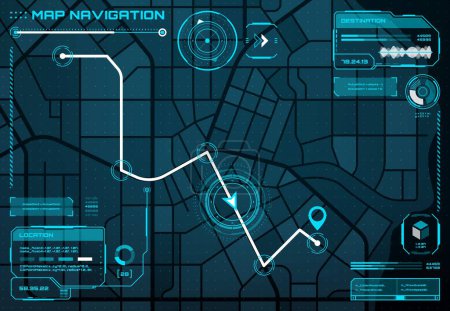 Illustration for Hud city map navigation interface screen, route. Road traffic path, navigation app digital screen vector interface, city street route futuristic map background or delivery destination infographics - Royalty Free Image