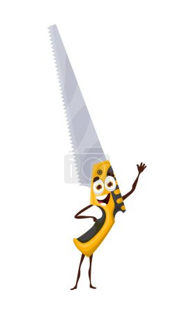 Illustration for Cartoon narrow saw tool character, carpentry works equipment and woodworking vector item. Funny cartoon saw with face smile as DIY construction or handyman and carpenter work tool character - Royalty Free Image