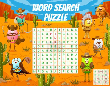 Illustration for Word search puzzle game. Wild West cartoon cowboy, sheriff, bandit and robber vitamin characters. Vocabulary puzzle, crossword grid vector worksheet with K, Cu, Ca and Mg, Cl, Zn vitamin personages - Royalty Free Image