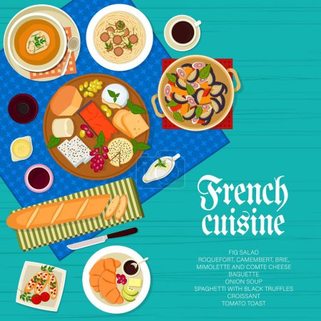 Illustration for French cuisine menu vector cover design of traditional breakfast food. Cheese platter with bread, baguette and croissant, onion soup, fig salad, spaghetti pasta with black truffles and tomato toast - Royalty Free Image