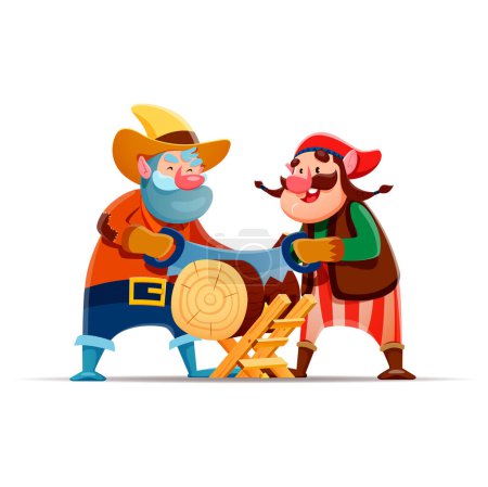 Illustration for Cartoon gnome or dwarf characters sawing wood. Fantasy elf, garden gnome or fairytale dwarf cheerful isolated vector characters. Fairy midget funny lumberjack personages cutting log with hand saw - Royalty Free Image