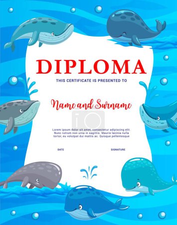 Illustration for Kids diploma, cartoon cachalots, blue and sperm whales, vector education certificate. School diploma or kindergarten appreciation award with ocean whales and big fish in sea water waves frame - Royalty Free Image