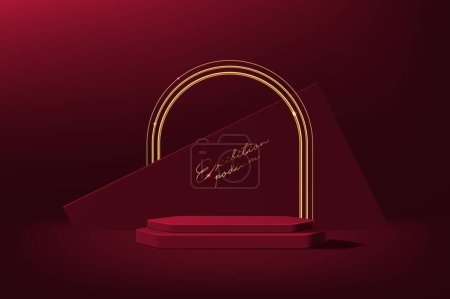 Illustration for Maroon podium with golden arch for product display background, vector exhibition stand. Luxury premium red velvet podium with golden light arch, studio scene pedestal or showcase stage podium - Royalty Free Image