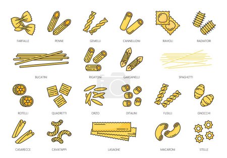 Téléchargez les illustrations : Type de pâtes icônes contour, spaghettis alimentaires italiens et macaronis, vecteur de ligne. Pâtes italiennes icônes linéaires de fusilli, penne et rigatoni avec raviolis, farfalle et cannelloni de cuisine italienne - en licence libre de droit