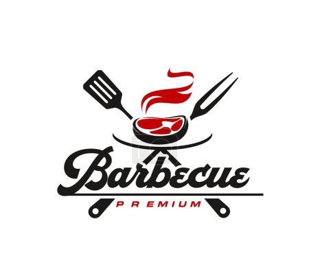 Barbecue-Grill oder Barbecue-Restaurant-Symbol mit Steakfleisch, Gabel und Spatel, Vektorgrill-Bar-Schild. Premium-Qualität Steakhouse oder BBQ-Burger Party Picknick-Ikone von Steak Lende auf Holzkohlegrill