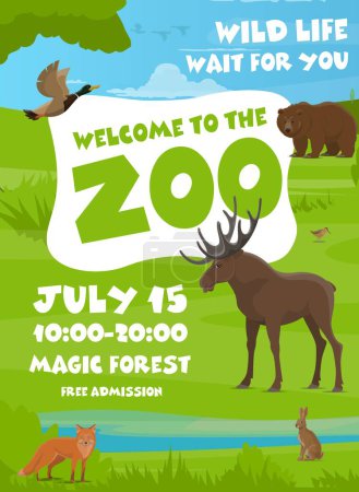 Illustration for Zoo flyer with forest animals and birds in forest park for wildlife adventure, vector poster. Kids zoo or natural park invitation flyer with wild bear, elk moose or fox with hare rabbit and duck - Royalty Free Image