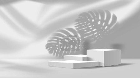 Illustration for Grey podium mockup. Cosmetics product presentation square stand, studio showroom platform base or showcase mockup scene realistic vector backdrop. Gallery empty space with monstera leaves shadow - Royalty Free Image
