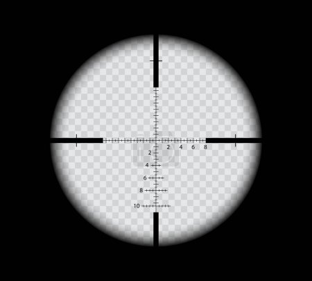 Escáner de francotirador militar con mira a través de la mira del objetivo de la pistola, vector objetivo retícula. Visor de mira de francotirador o objetivo de mira de rifle con visor óptico y marcas de medición de distancia