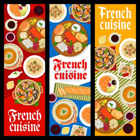 Illustration for French cuisine vector banners of traditional meal breakfast dishes, cheese and bread food. Baguette, croissant and truffle spaghetti, onion soup, fig salad and tomato toast, French restaurant menu - Royalty Free Image