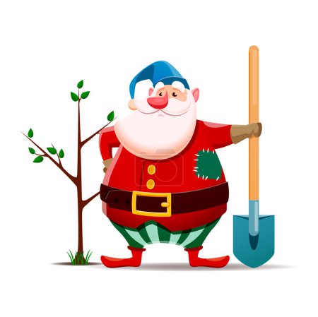 Illustration for Cartoon gnome or dwarf character planting a tree. Fairytale midget, fantasy elf or garden dwarf isolated vector funny character. Fairy gnome farmer comical personage working in garden with shovel - Royalty Free Image